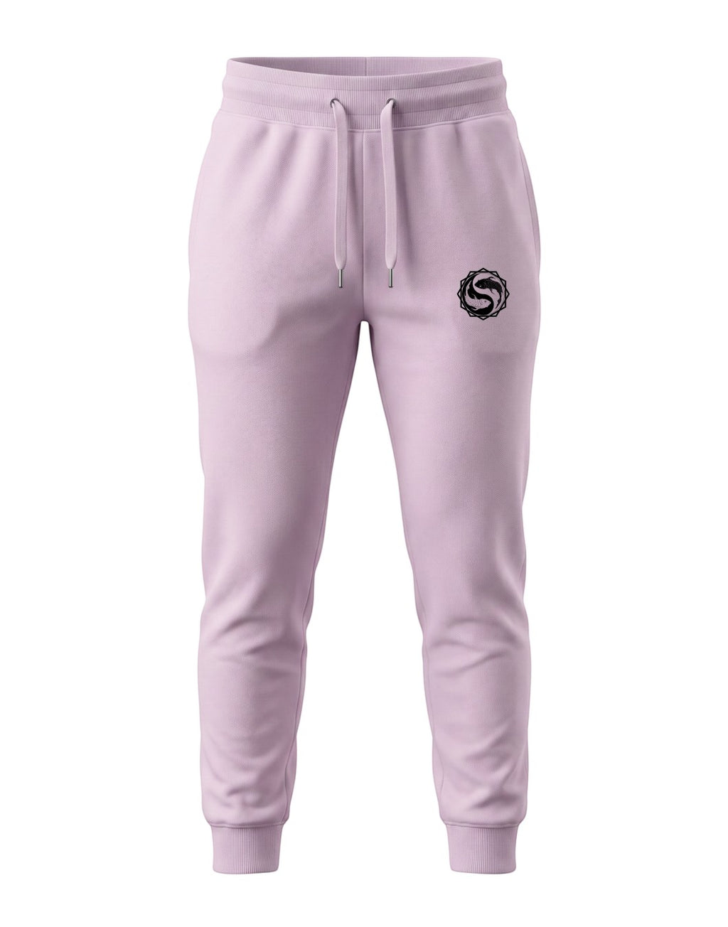 Tribe Neo 91 light baby pink unisex joggers with a black yin yang symbol graphic on the left thigh and ribbed cuffs.