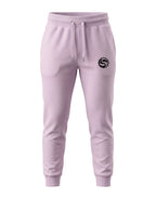 Tribe Neo 91 light baby pink unisex joggers with a black yin yang symbol graphic on the left thigh and ribbed cuffs.