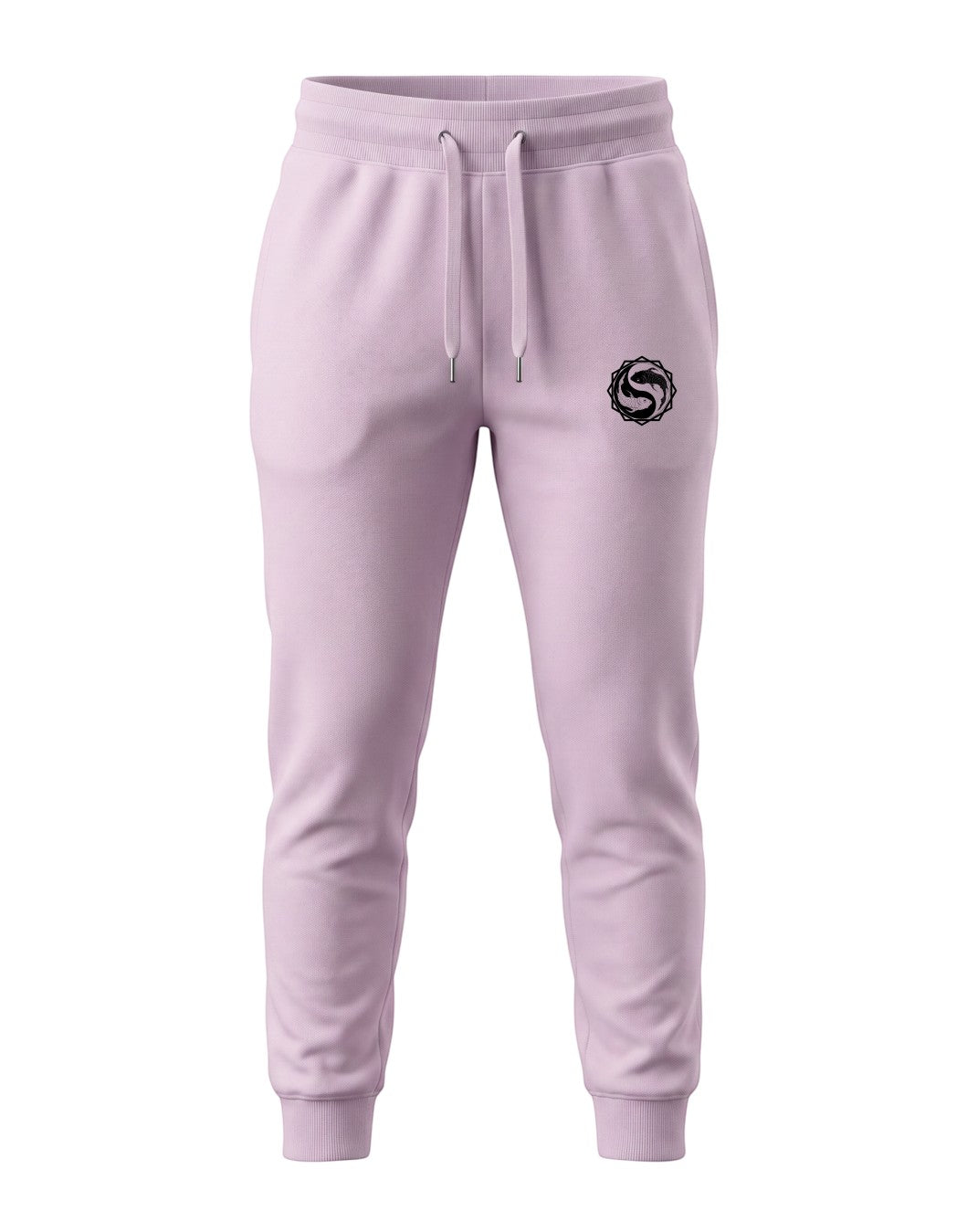 Tribe Neo 91 light baby pink unisex joggers with a black yin yang symbol graphic on the left thigh and ribbed cuffs.