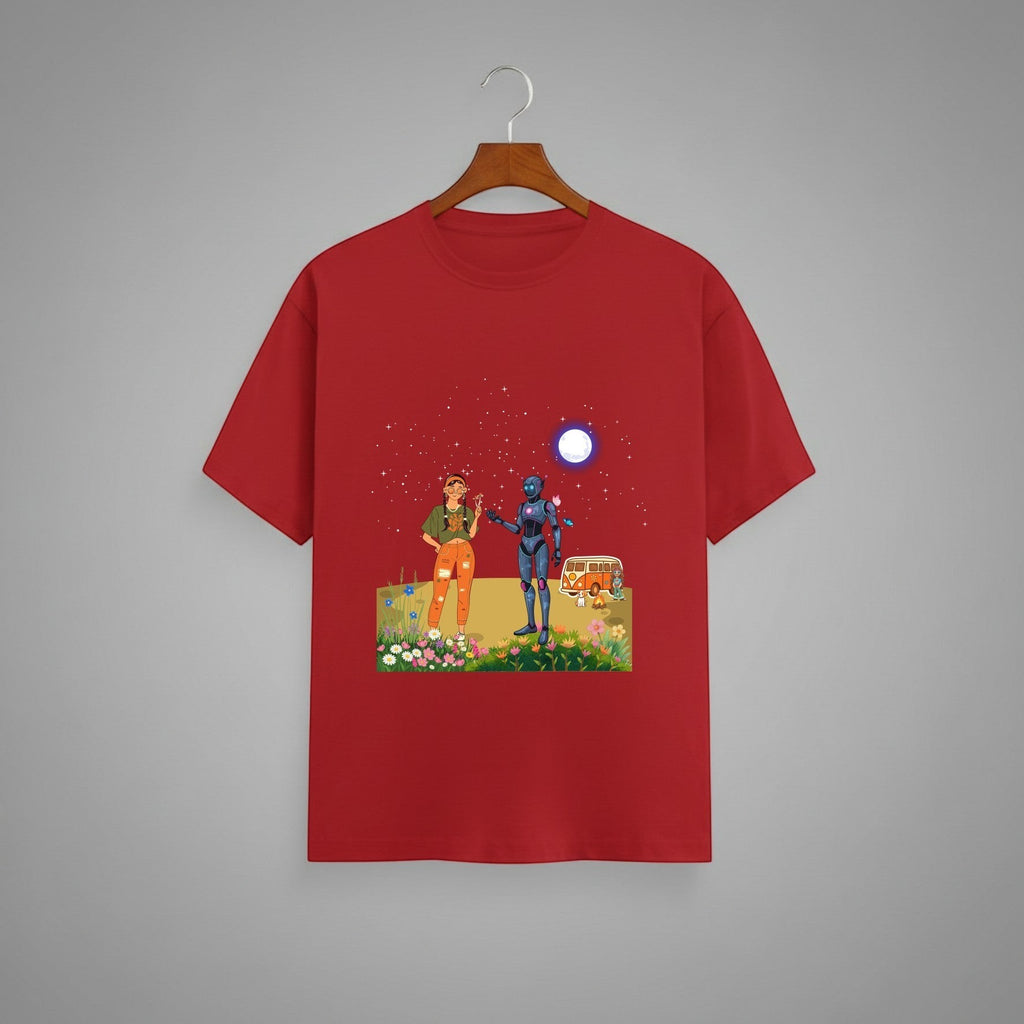 Tribe Neo 91 red cotton unisex t-shirt featuring a whimsical robot and human graphic print on a hanger