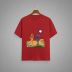 Tribe Neo 91 red cotton unisex t-shirt featuring a whimsical robot and human graphic print on a hanger