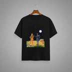 Tribe Neo 91 black cotton unisex t-shirt featuring a whimsical graphic of a person and a robot in a night landscape.
