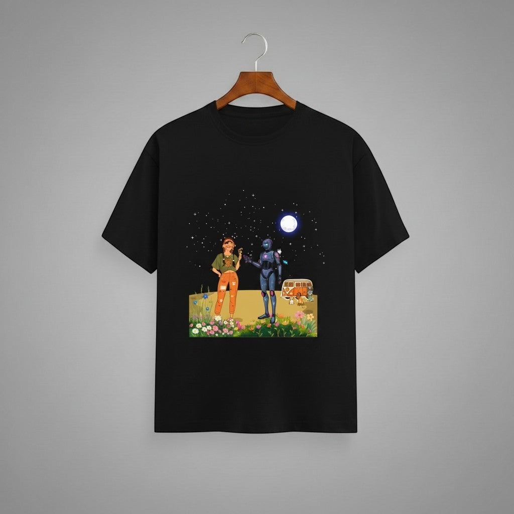 Tribe Neo 91 black cotton unisex t-shirt featuring a whimsical graphic of a person and a robot in a night landscape.
