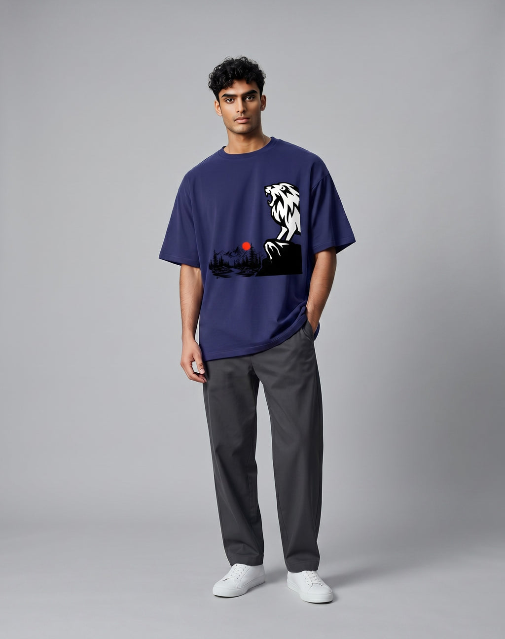 Tribe Neo 91 royal blue oversized cotton t-shirt featuring a roaring lion and Japanese wilderness graphic with red sun.