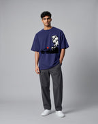 Tribe Neo 91 royal blue oversized cotton t-shirt featuring a roaring lion and Japanese wilderness graphic with red sun.