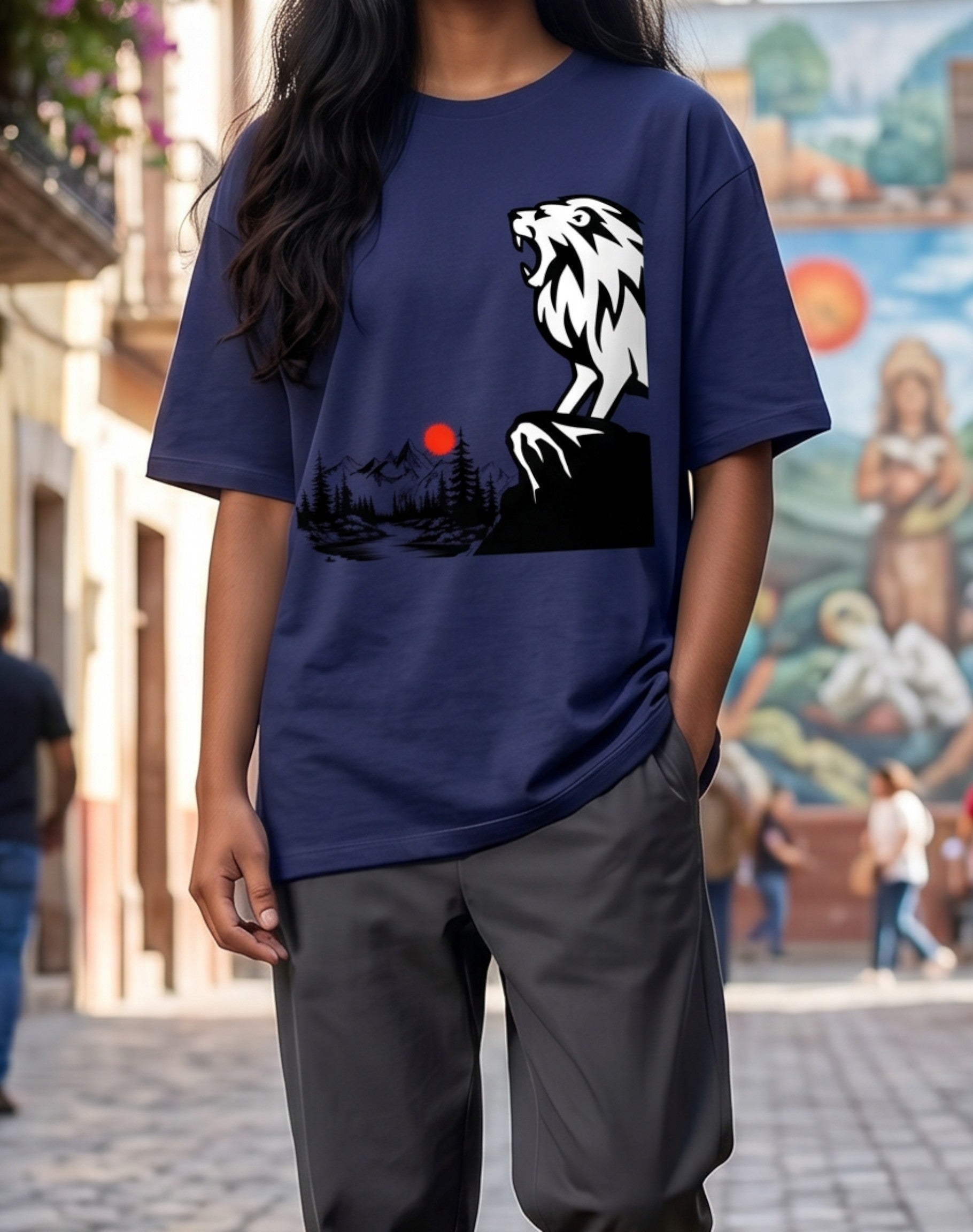 Tribe Neo 91 royal blue oversized cotton t-shirt with lion and Japanese landscape graphic on a woman in a city street