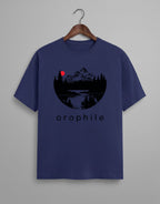 Tribe Neo 91 royal blue cotton crew neck t-shirt featuring a circular mountain landscape graphic with a red sun.
