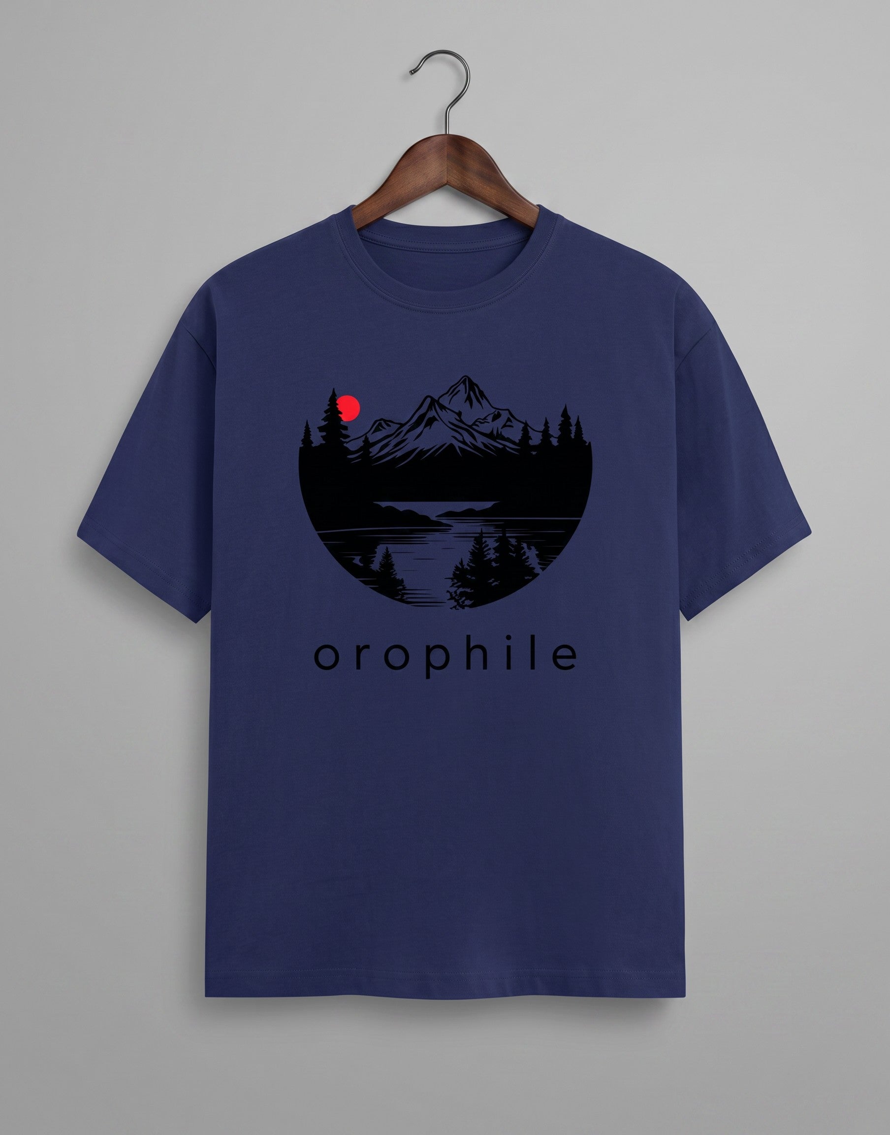Tribe Neo 91 royal blue cotton crew neck t-shirt featuring a circular mountain landscape graphic with a red sun.
