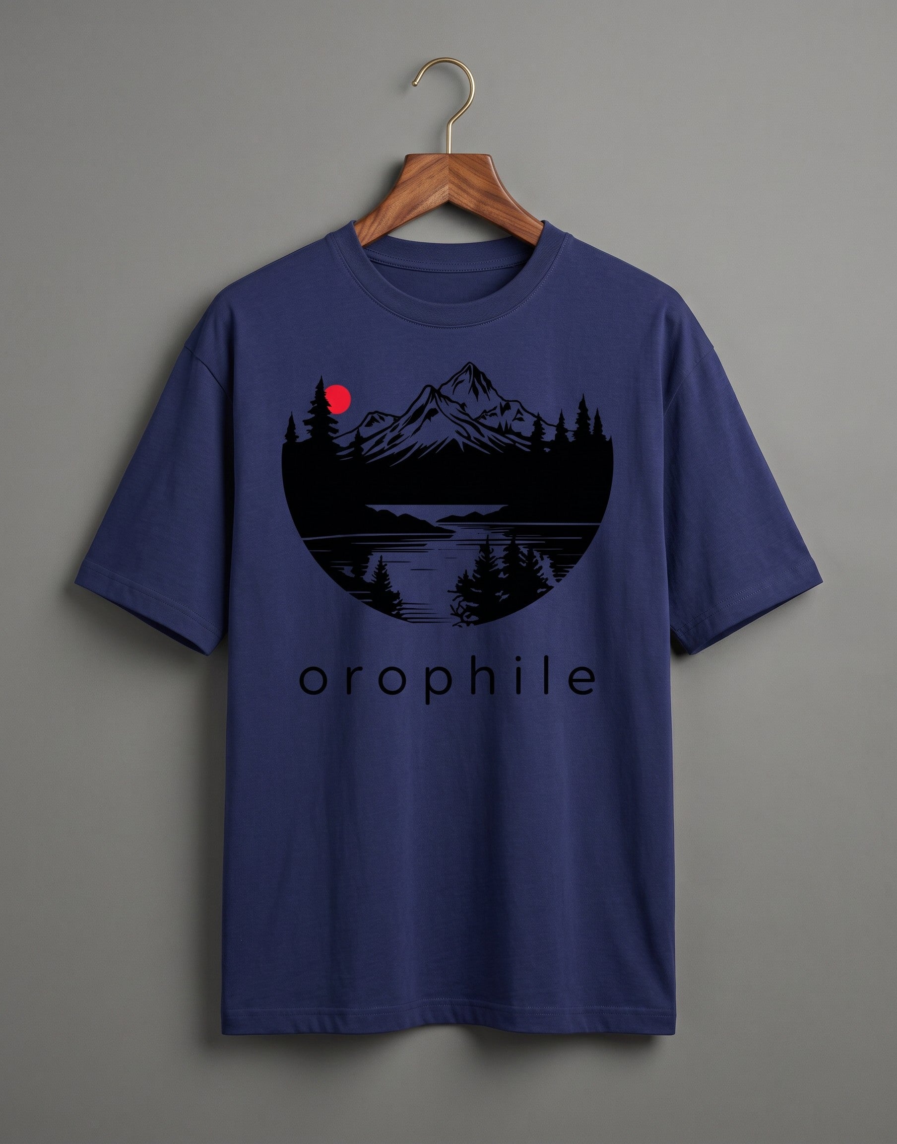 Tribe Neo 91 royal blue oversized cotton t-shirt featuring a circular mountain landscape graphic with a red sun.