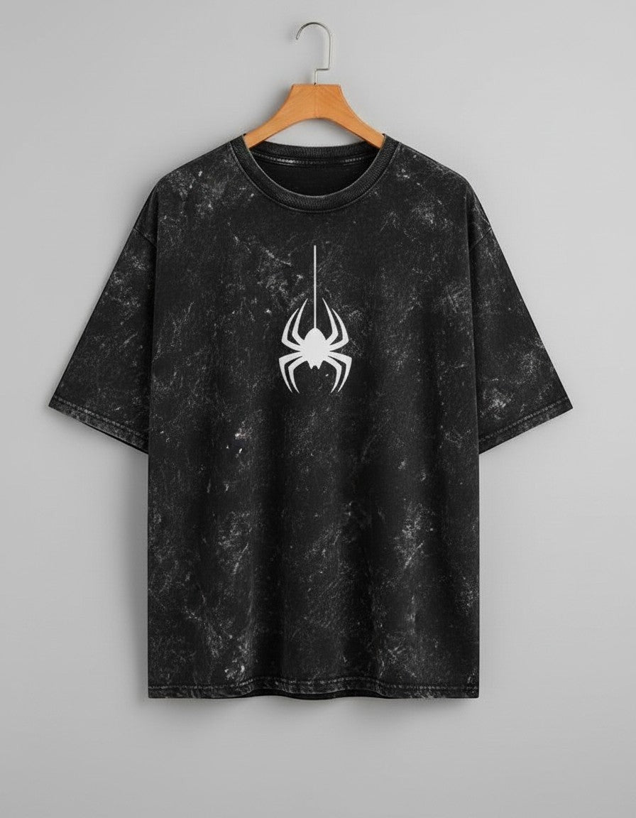 Tribe Neo 91 black acid wash oversized cotton t-shirt with a white spider graphic print on a wooden hanger