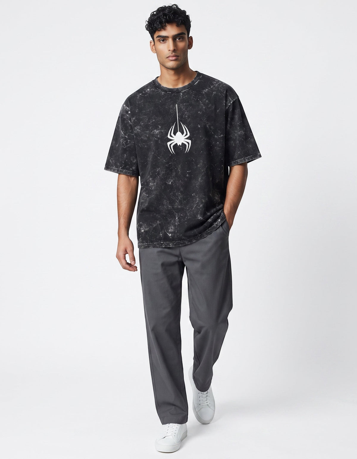 Tribe Neo 91 black acid wash oversized cotton t-shirt with a white spider graphic worn by a male model