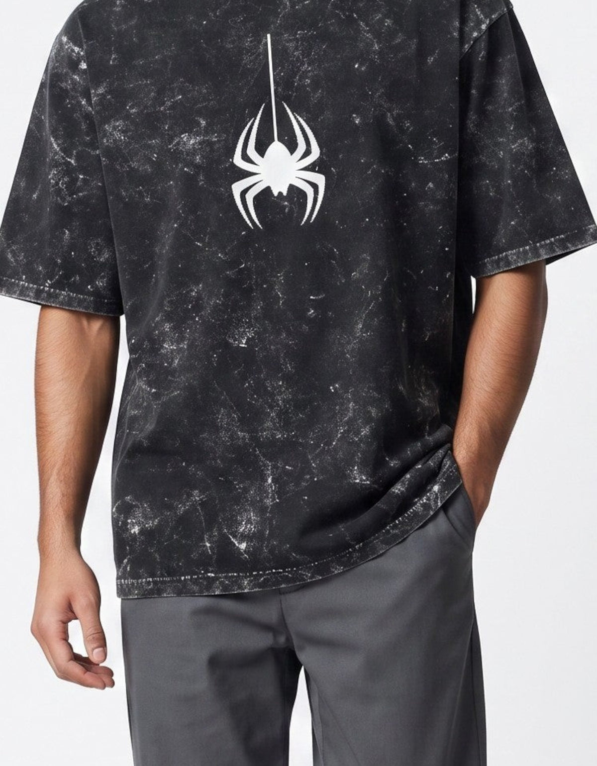 Tribe Neo 91 black acid wash oversized cotton t-shirt with a white spider graphic worn by a male model