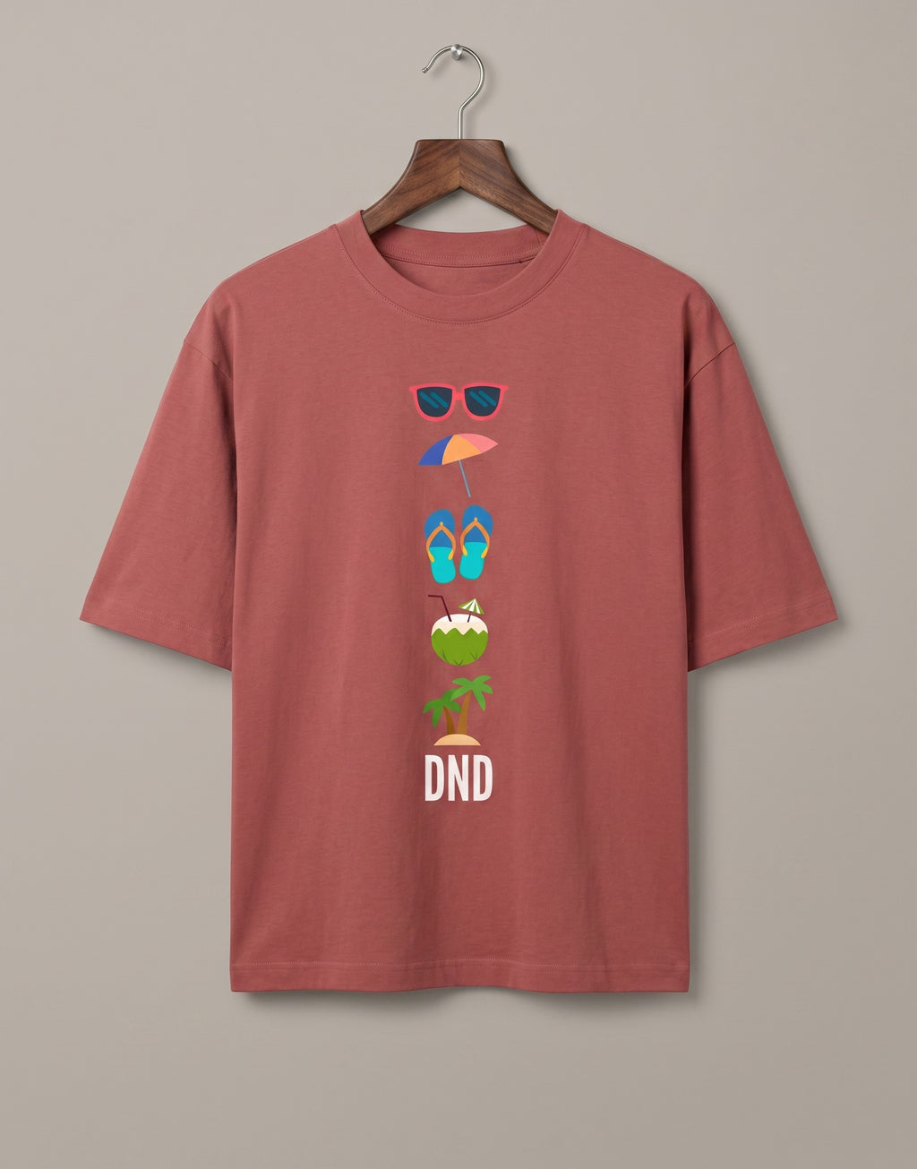 Tribe Neo 91 oversized cotton t-shirt in terracotta with a colourful beach icon graphic and DND slogan
