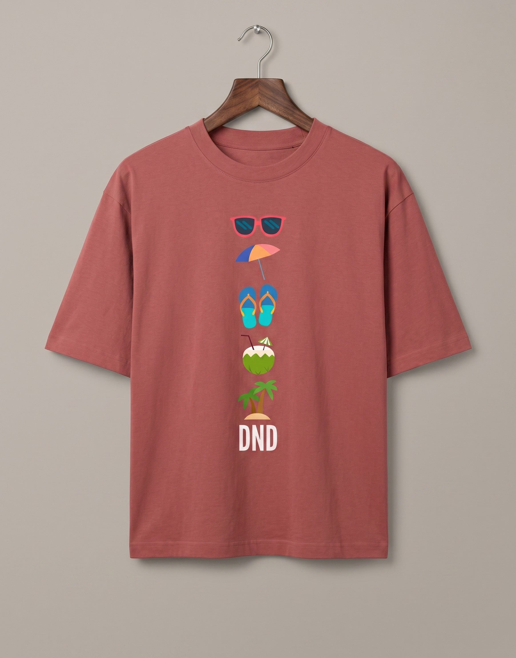 Tribe Neo 91 oversized cotton t-shirt in terracotta with a colourful beach icon graphic and DND slogan