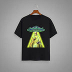 Tribe Neo 91 black cotton crew neck t-shirt featuring a vibrant sci-fi UFO abduction graphic print on the front.