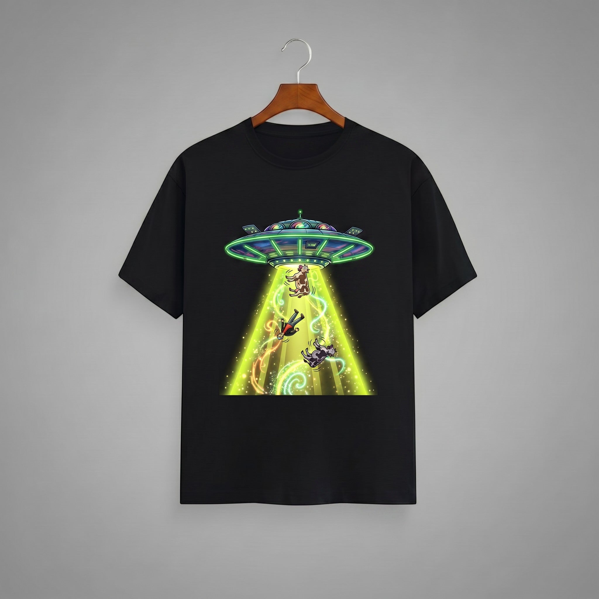 Tribe Neo 91 black cotton crew neck t-shirt featuring a vibrant sci-fi UFO abduction graphic print on the front.