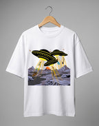 Tribe Neo 91 white oversized cotton t-shirt featuring a comic-style UFO alien invasion graphic with volcanoes.