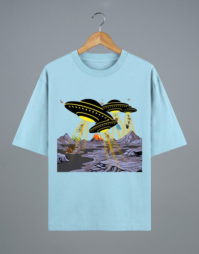 Tribe Neo 91 light blue oversized cotton t-shirt featuring a comic-style UFO alien invasion graphic print.