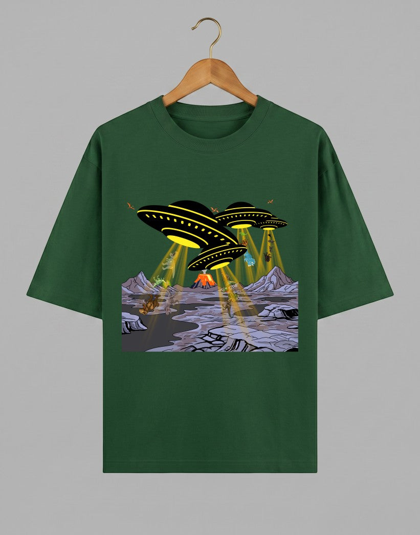Tribe Neo 91 oversized green cotton t-shirt featuring a comic-style UFO alien invasion graphic print.