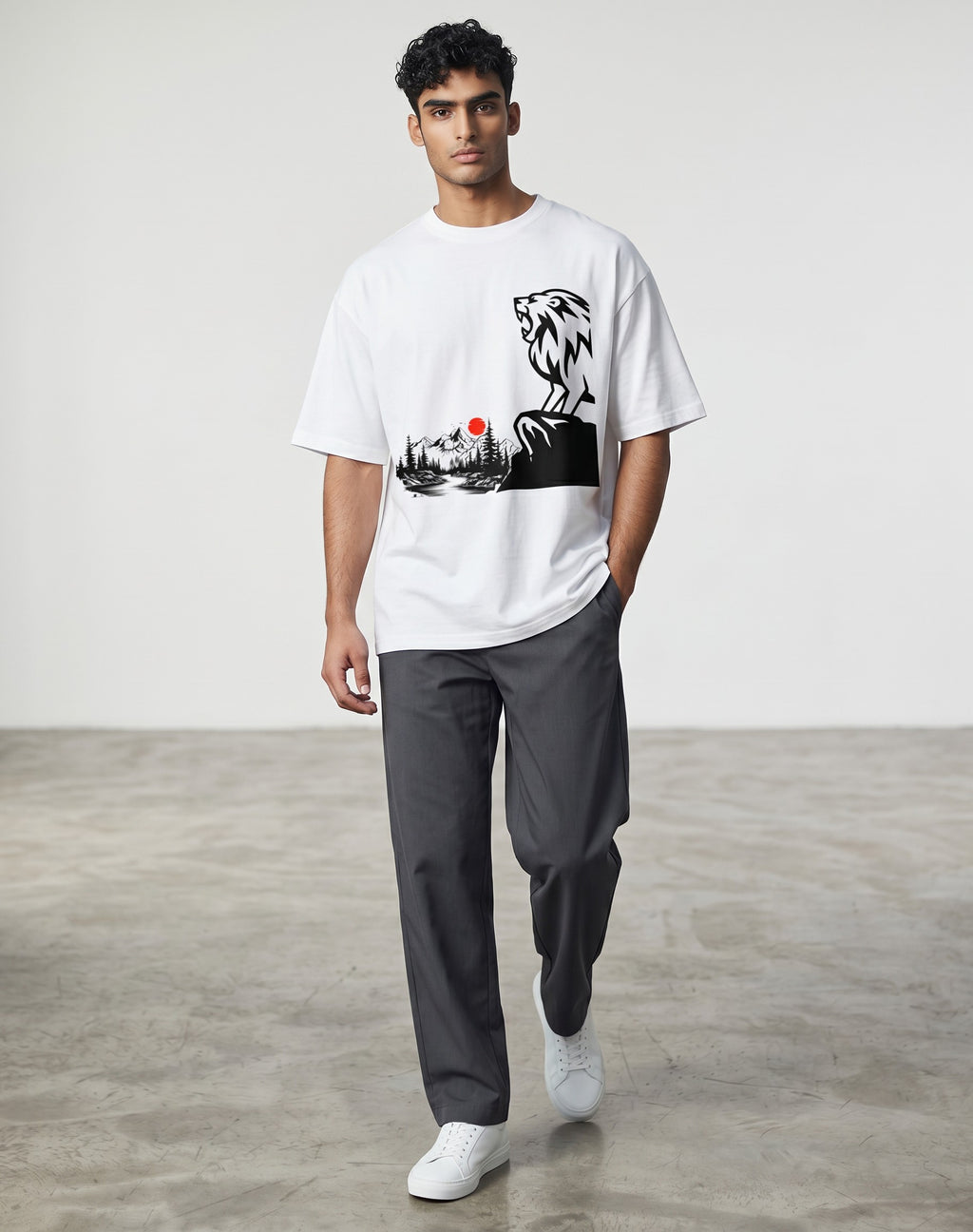 Tribe Neo 91 white oversized cotton t-shirt featuring a roaring lion and Japanese landscape graphic with a red sun.