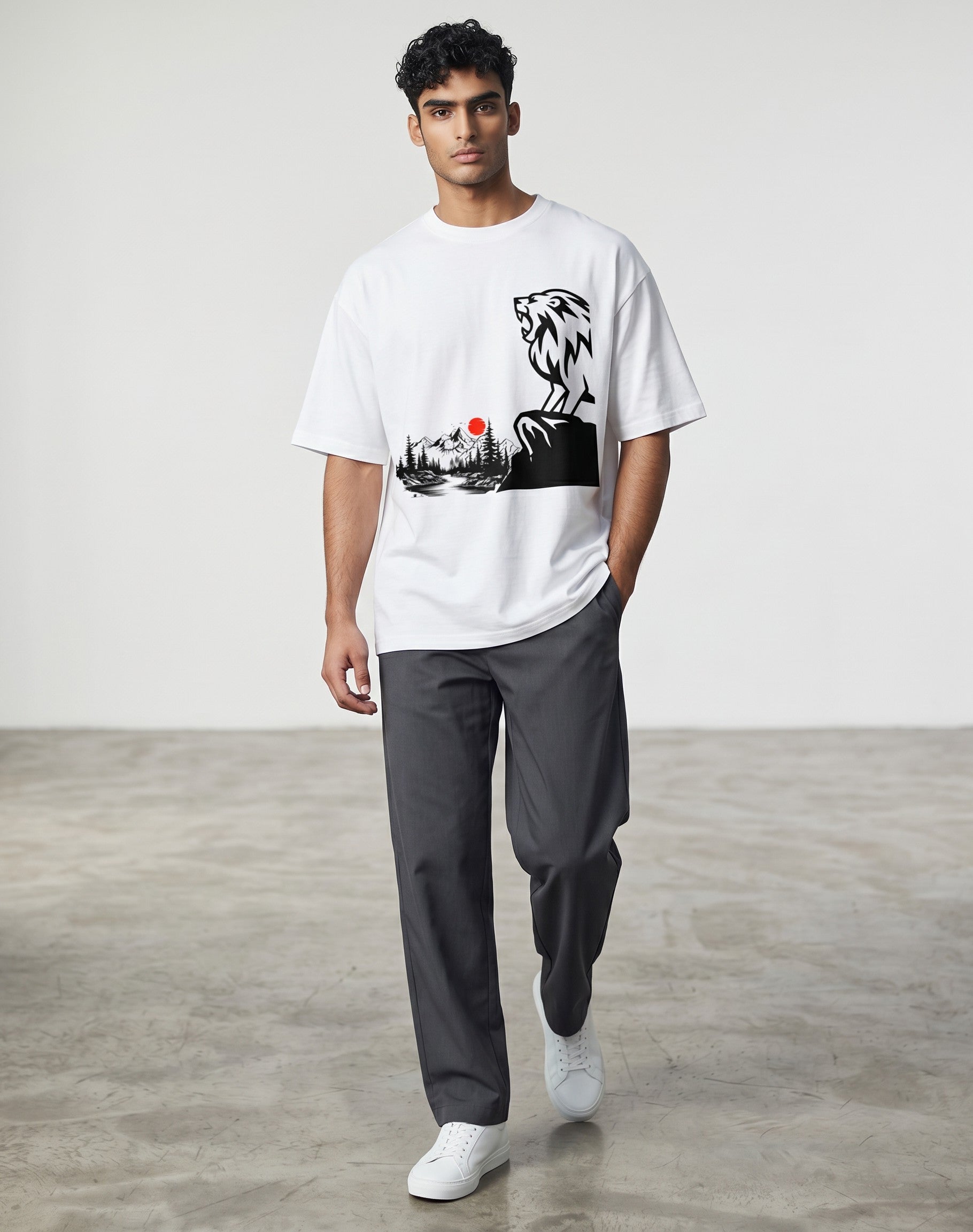 Tribe Neo 91 white oversized cotton t-shirt featuring a roaring lion and Japanese landscape graphic with a red sun.