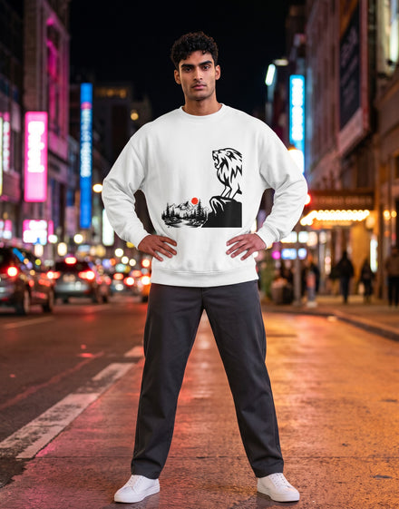 Tribe Neo 91 white oversized sweatshirt featuring a black roaring lion and Japanese mountain landscape graphic.