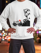 Tribe Neo 91 white oversized sweatshirt featuring a roaring lion and Japanese mountain landscape graphic on a man.