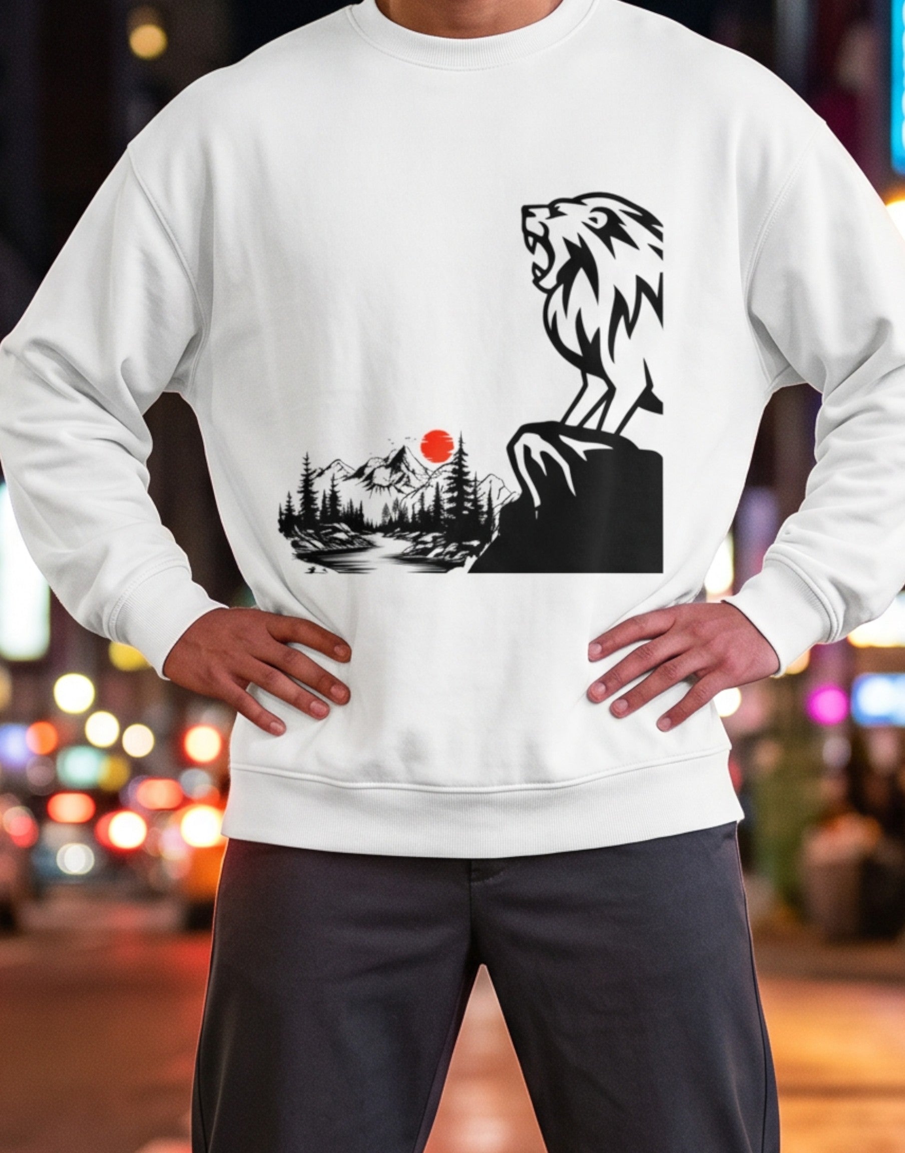 Tribe Neo 91 white oversized sweatshirt featuring a roaring lion and Japanese mountain landscape graphic on a man.