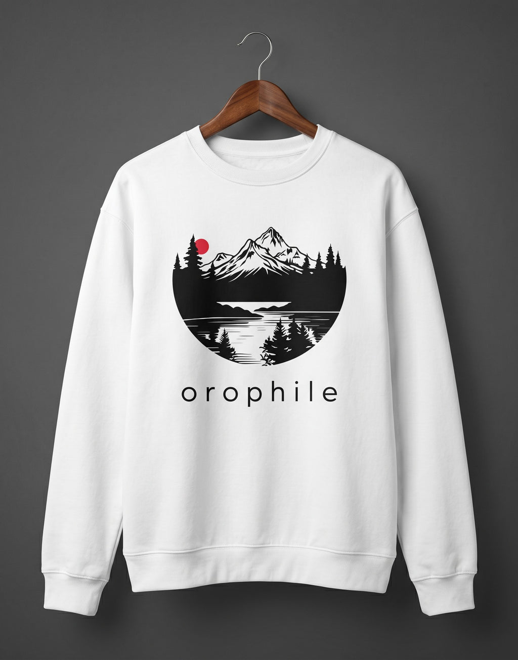 Tribe Neo 91 white oversized sweatshirt with circular mountain landscape graphic and red sun print.