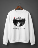 Tribe Neo 91 white oversized sweatshirt with circular mountain landscape graphic and red sun print.