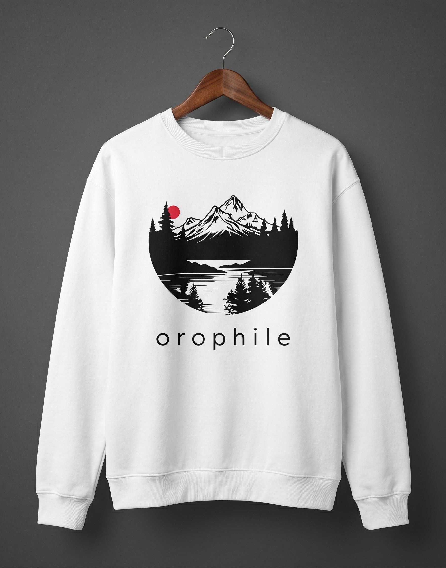 Tribe Neo 91 white oversized sweatshirt with circular mountain landscape graphic and red sun print.
