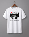 Tribe Neo 91 white cotton crew neck t-shirt featuring a circular mountain landscape graphic with a red sun.