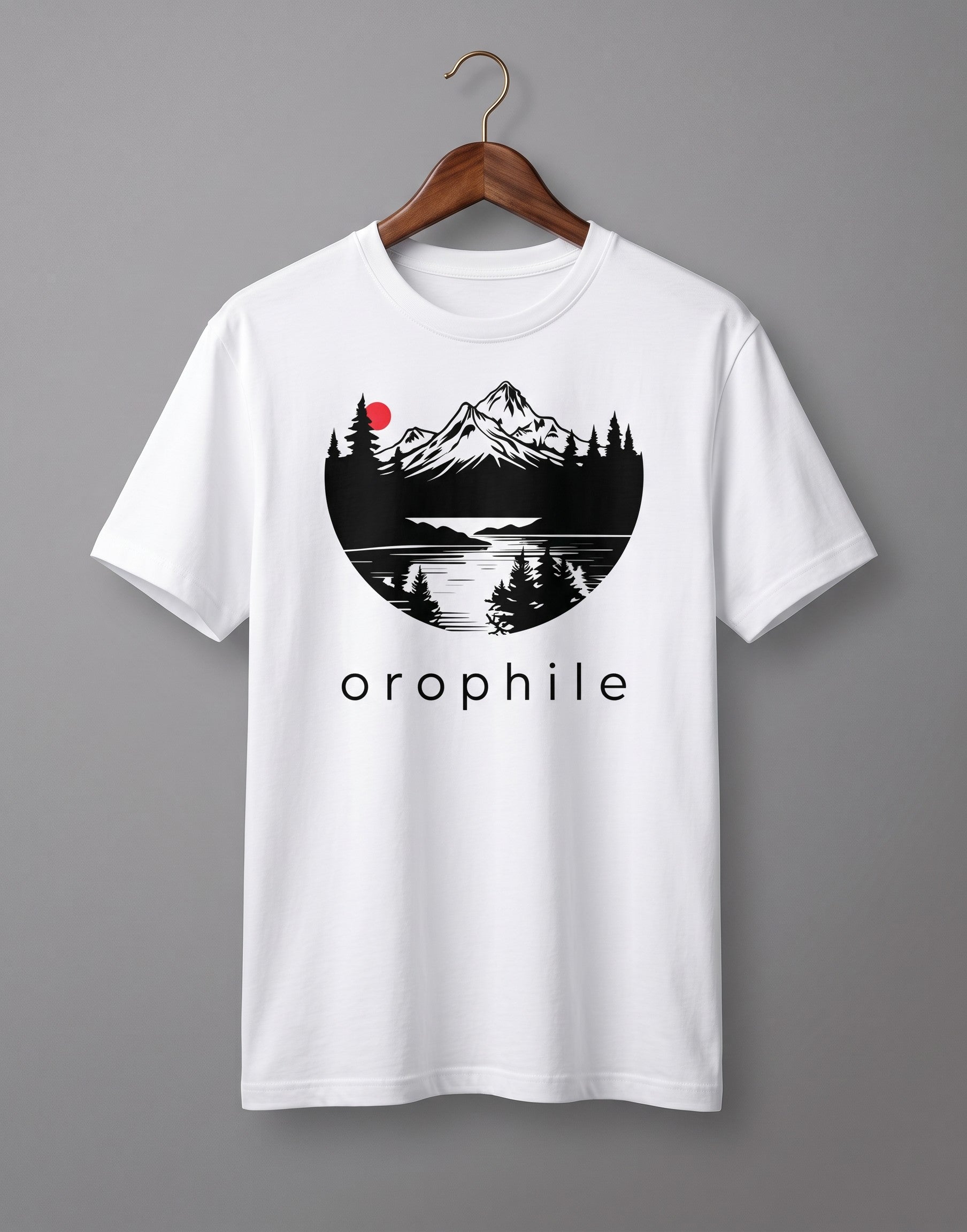 Tribe Neo 91 white cotton crew neck t-shirt featuring a circular mountain landscape graphic with a red sun.