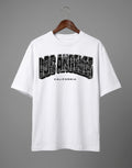 Tribe Neo 91 white heavyweight cotton oversized t-shirt with distressed Los Angeles cityscape graphic print.