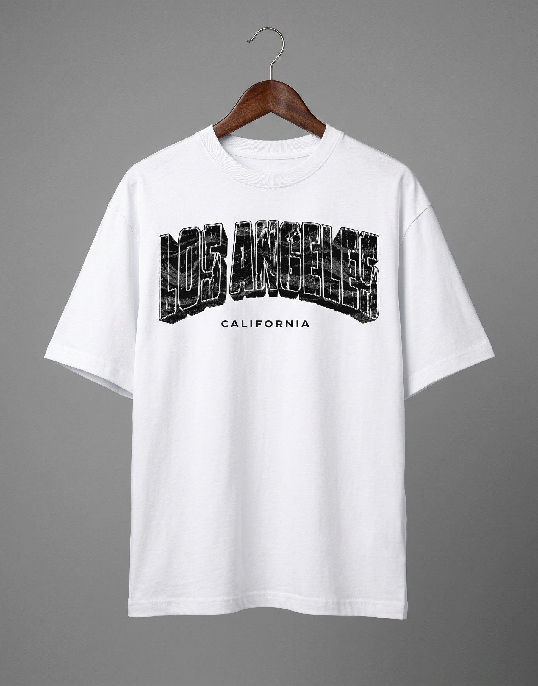 Tribe Neo 91 white heavyweight cotton oversized t-shirt with distressed Los Angeles cityscape graphic print.