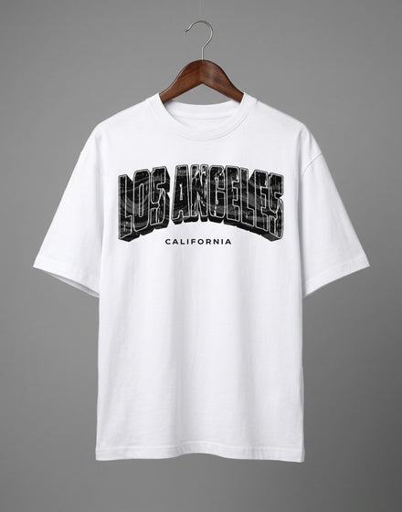 Tribe Neo 91 white heavyweight cotton oversized t-shirt with distressed Los Angeles cityscape graphic print.