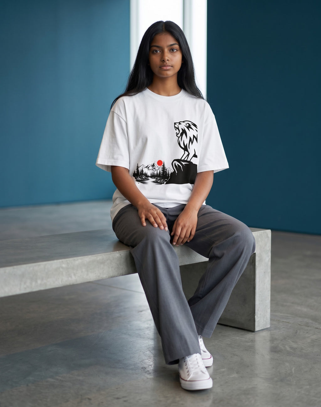 Tribe Neo 91 white oversized cotton t-shirt with a roaring lion and Japanese landscape graphic print on a model.