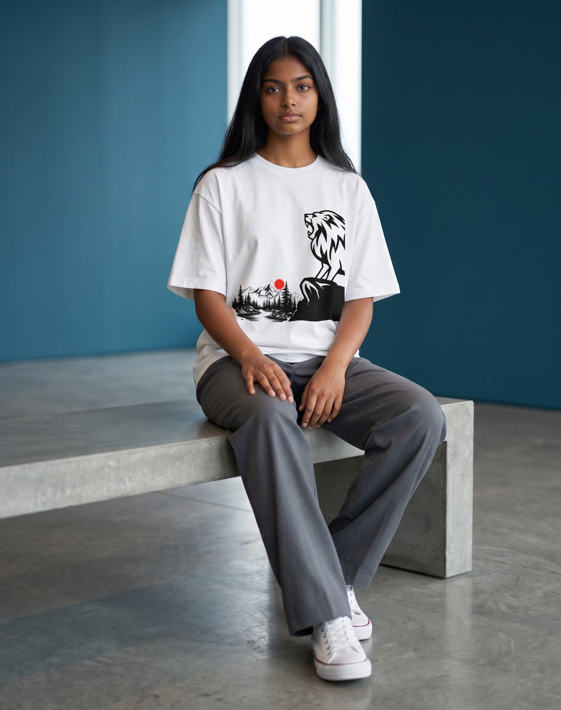 Tribe Neo 91 white oversized cotton t-shirt with a roaring lion and Japanese landscape graphic print on a model.