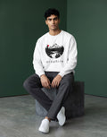 Tribe Neo 91 white oversized sweatshirt featuring a circular mountain landscape graphic with a red sun on a male model.