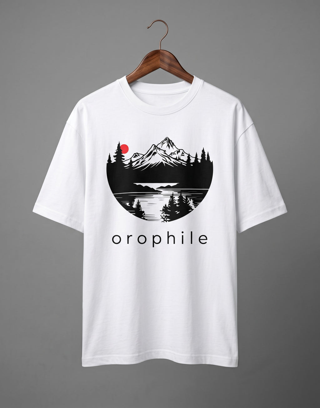 Tribe Neo 91 white oversized cotton t-shirt featuring a circular mountain landscape graphic with a red sun.