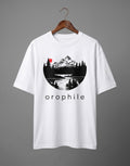 Tribe Neo 91 white oversized cotton t-shirt featuring a circular mountain landscape graphic with a red sun.
