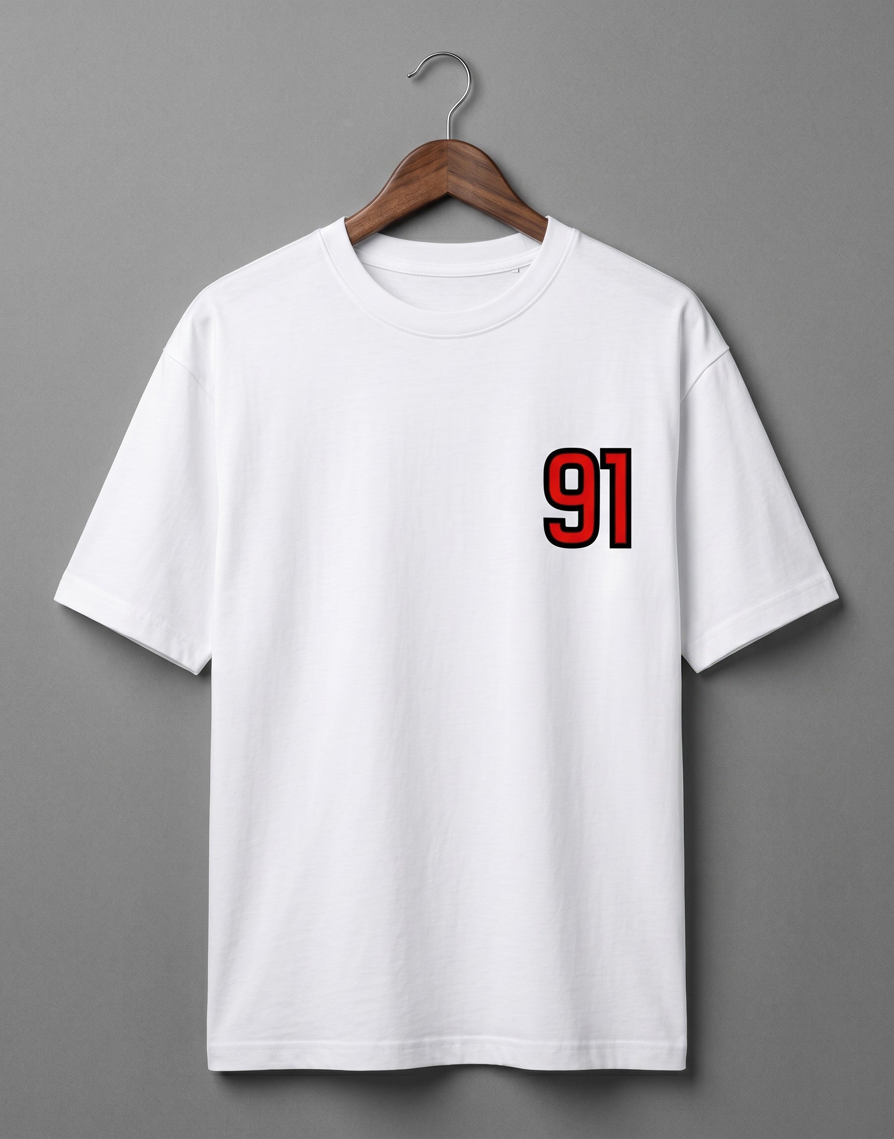 Tribe Neo 91 white heavyweight cotton oversized t-shirt with a bold red and black 91 print on the left chest