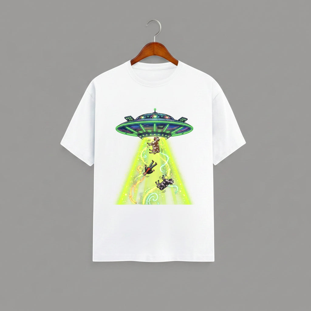 UFO Abduction graphic t-shirt on WHITE unisex 100% cotton crew neck, vibrant high-quality whimsical UFO abduction scene, sci-fi bold design high-definition print, DTG print 300 DPI, 180 GSM breathable soft fabric