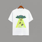 UFO Abduction graphic t-shirt on WHITE unisex 100% cotton crew neck, vibrant high-quality whimsical UFO abduction scene, sci-fi bold design high-definition print, DTG print 300 DPI, 180 GSM breathable soft fabric
