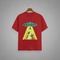 UFO Abduction graphic t-shirt on RED unisex 100% cotton crew neck, vibrant high-quality whimsical UFO abduction scene, sci-fi bold design high-definition print, DTG print 300 DPI, 180 GSM breathable soft fabric