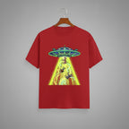 UFO Abduction graphic t-shirt on RED unisex 100% cotton crew neck, vibrant high-quality whimsical UFO abduction scene, sci-fi bold design high-definition print, DTG print 300 DPI, 180 GSM breathable soft fabric