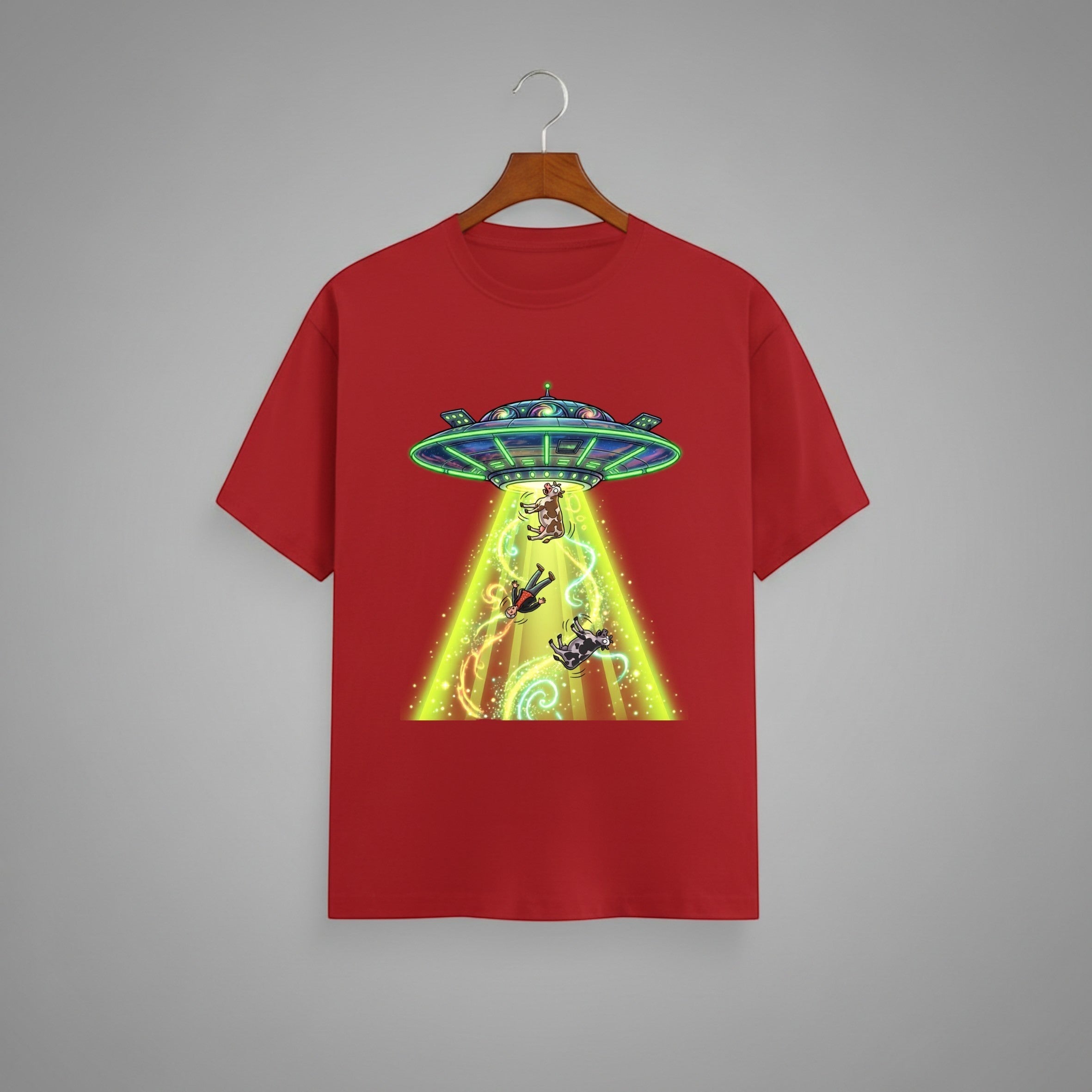 UFO Abduction graphic t-shirt on RED unisex 100% cotton crew neck, vibrant high-quality whimsical UFO abduction scene, sci-fi bold design high-definition print, DTG print 300 DPI, 180 GSM breathable soft fabric
