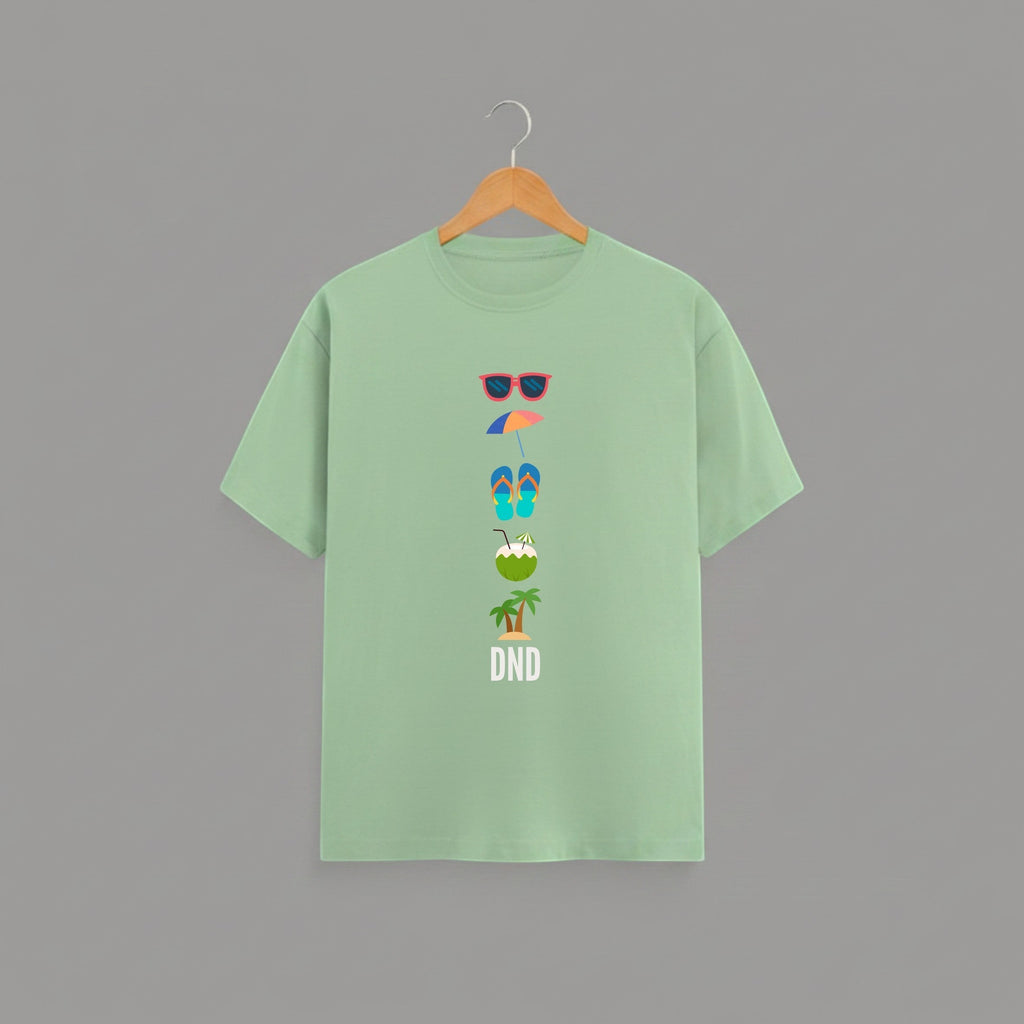 Vacation Inspired DND graphic t-shirt on JADE GREEN unisex 100% cotton crew neck, playful vacation-inspired graphic print on front, beach summer design, DTG print 300 DPI, 180 GSM breathable soft fabric