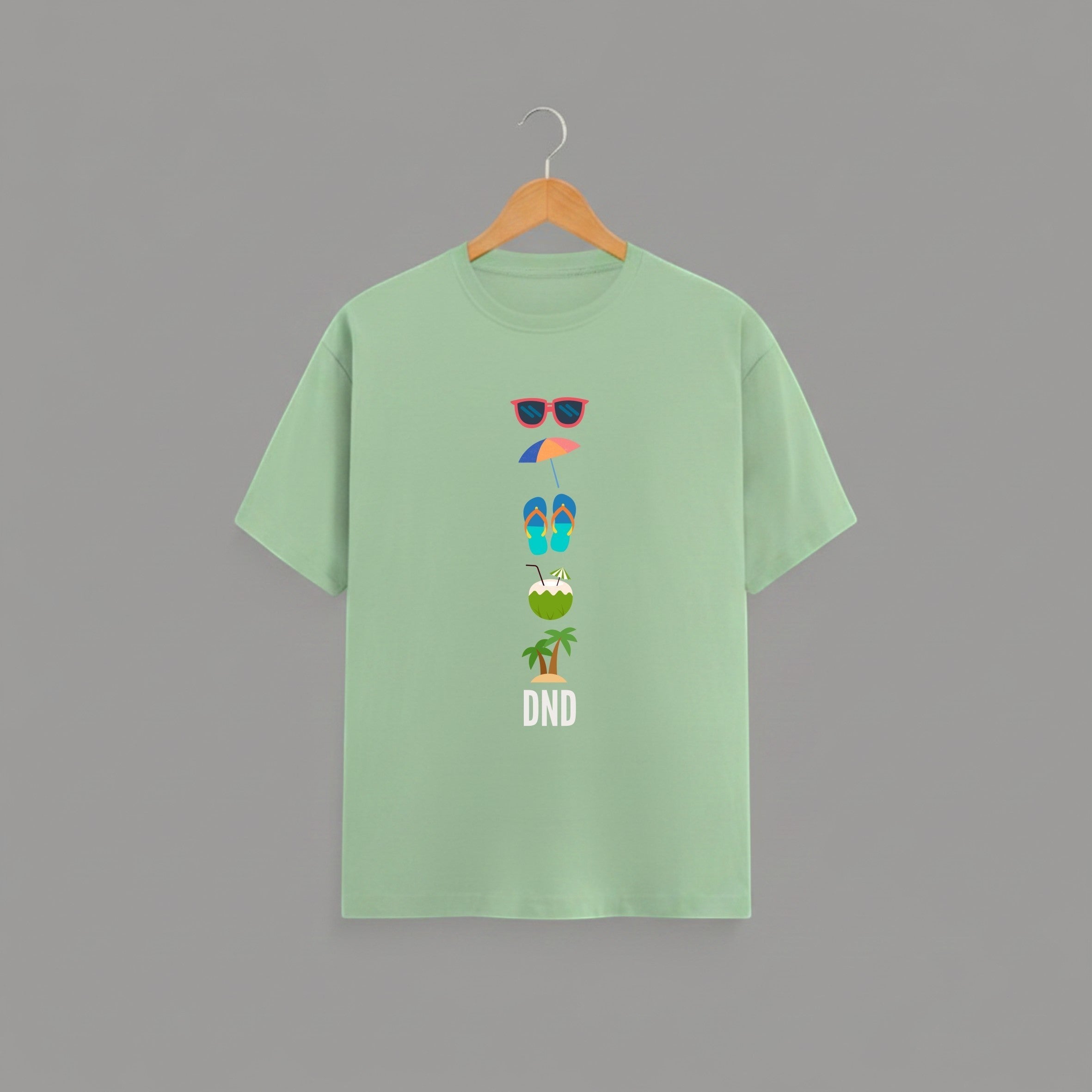 Vacation Inspired DND graphic t-shirt on JADE GREEN unisex 100% cotton crew neck, playful vacation-inspired graphic print on front, beach summer design, DTG print 300 DPI, 180 GSM breathable soft fabric