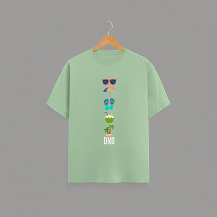Vacation Inspired DND graphic t-shirt on JADE GREEN unisex 100% cotton crew neck, playful vacation-inspired graphic print on front, beach summer design, DTG print 300 DPI, 180 GSM breathable soft fabric
